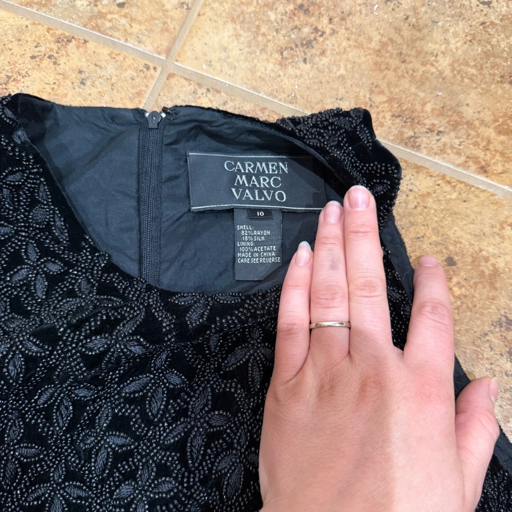 Carmen Marc Valvo Black Beaded Velvet Evening Top Sleeveless Sz 10 Party Cocktai - Picture 2 of 13